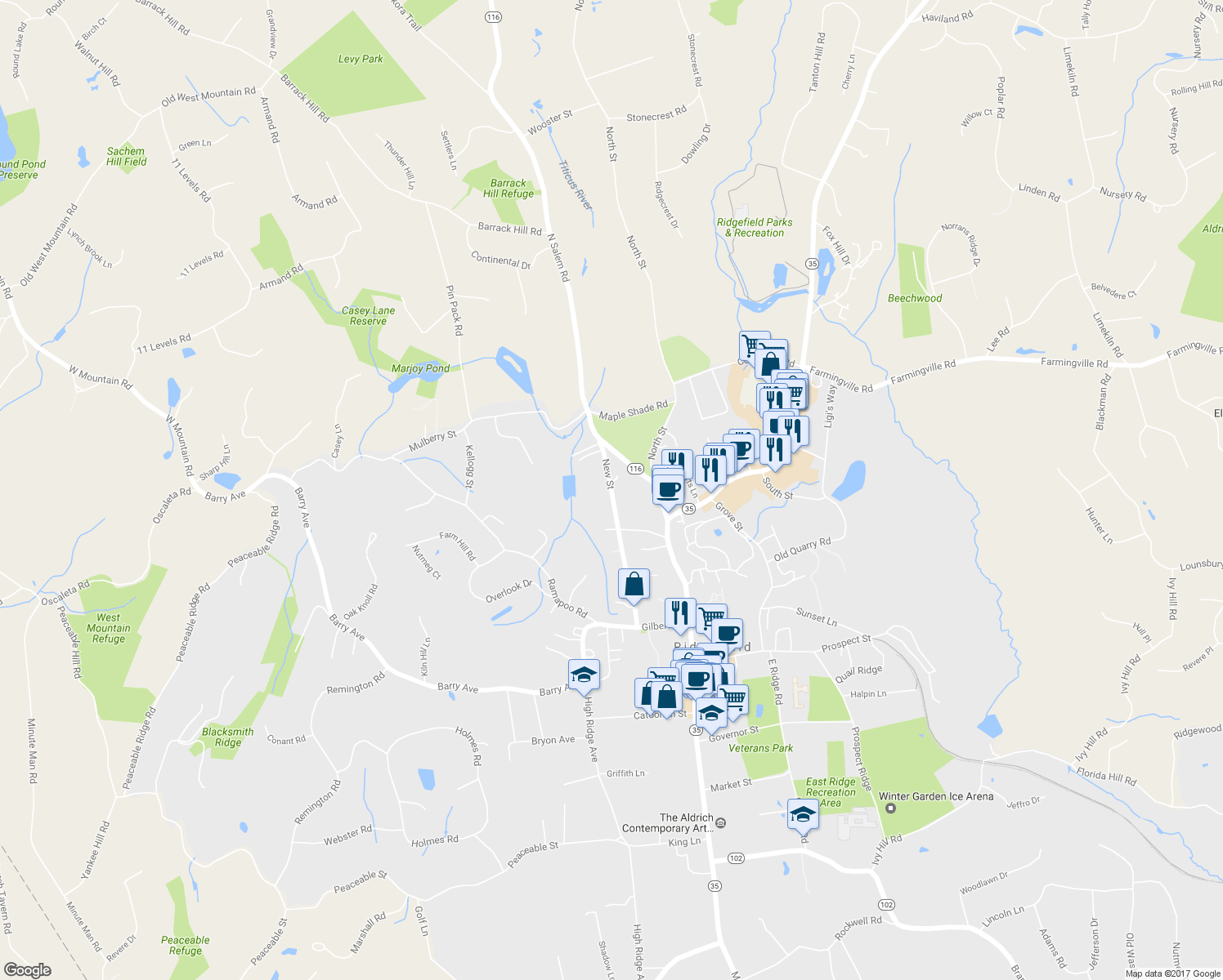 map of restaurants, bars, coffee shops, grocery stores, and more near 77 New Street in Ridgefield
