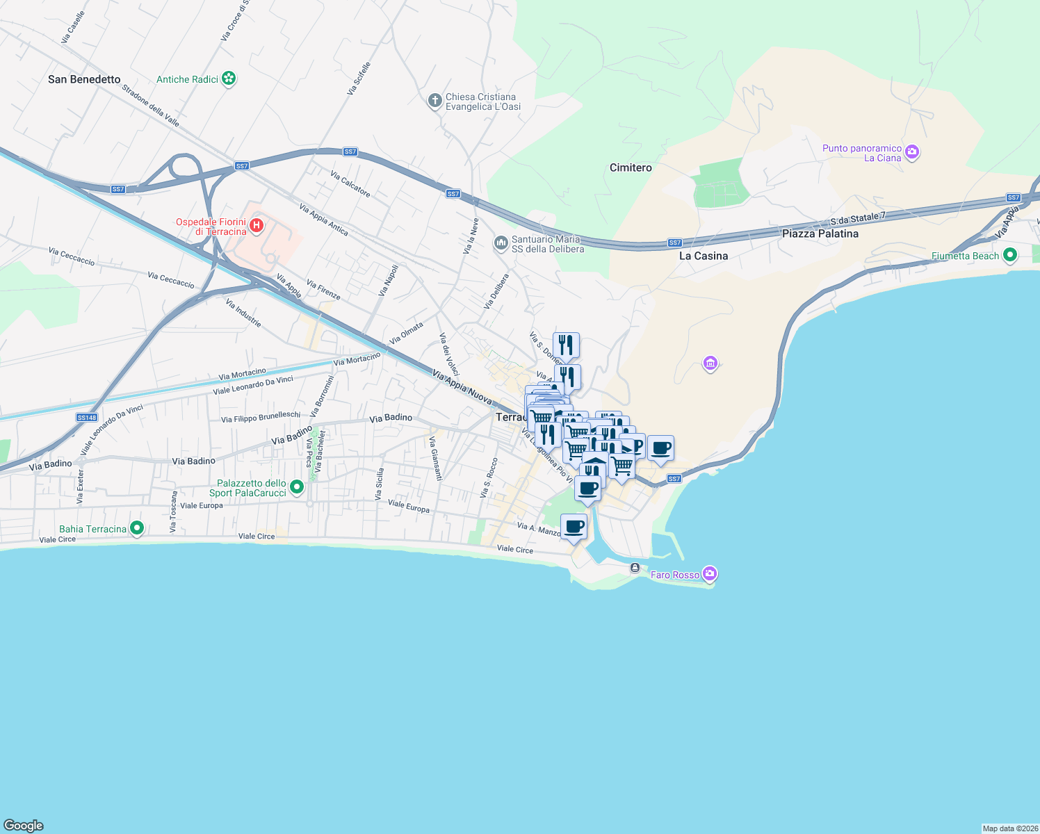 map of restaurants, bars, coffee shops, grocery stores, and more near in Terracina