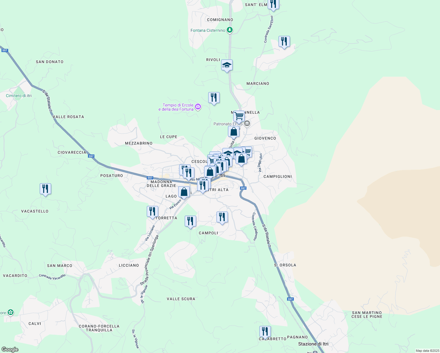 map of restaurants, bars, coffee shops, grocery stores, and more near 11A SS7 in Itri