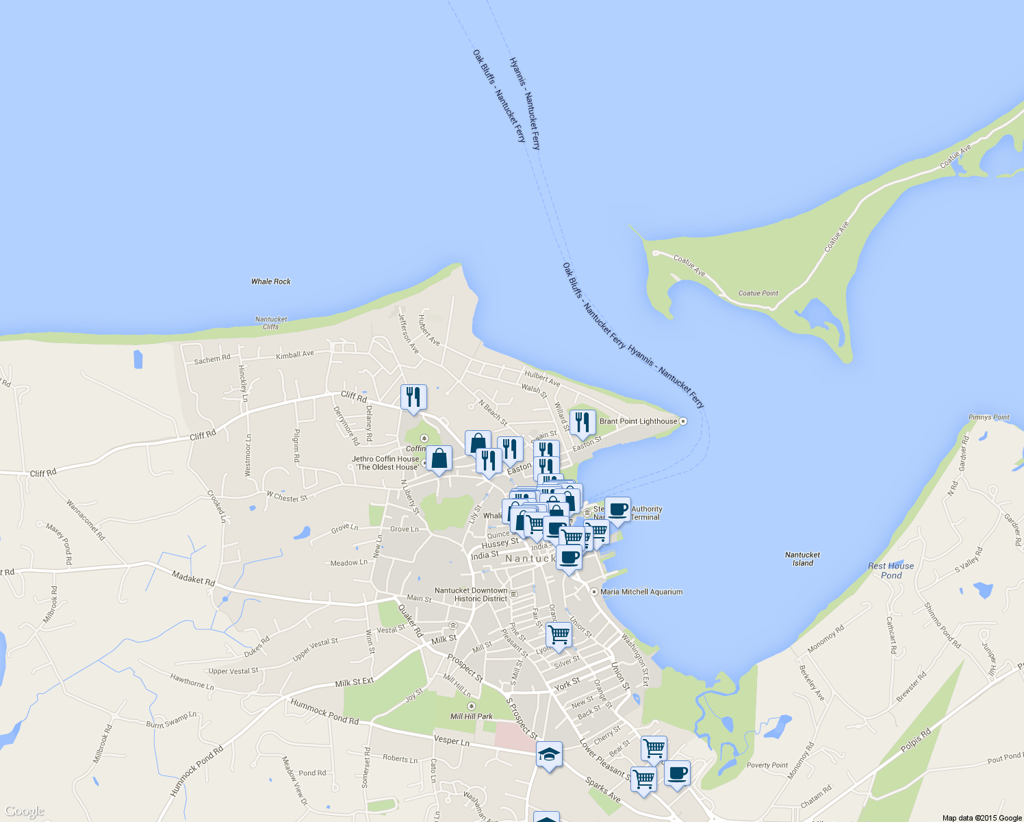 map of restaurants, bars, coffee shops, grocery stores, and more near 22 Brant Point Road in Nantucket