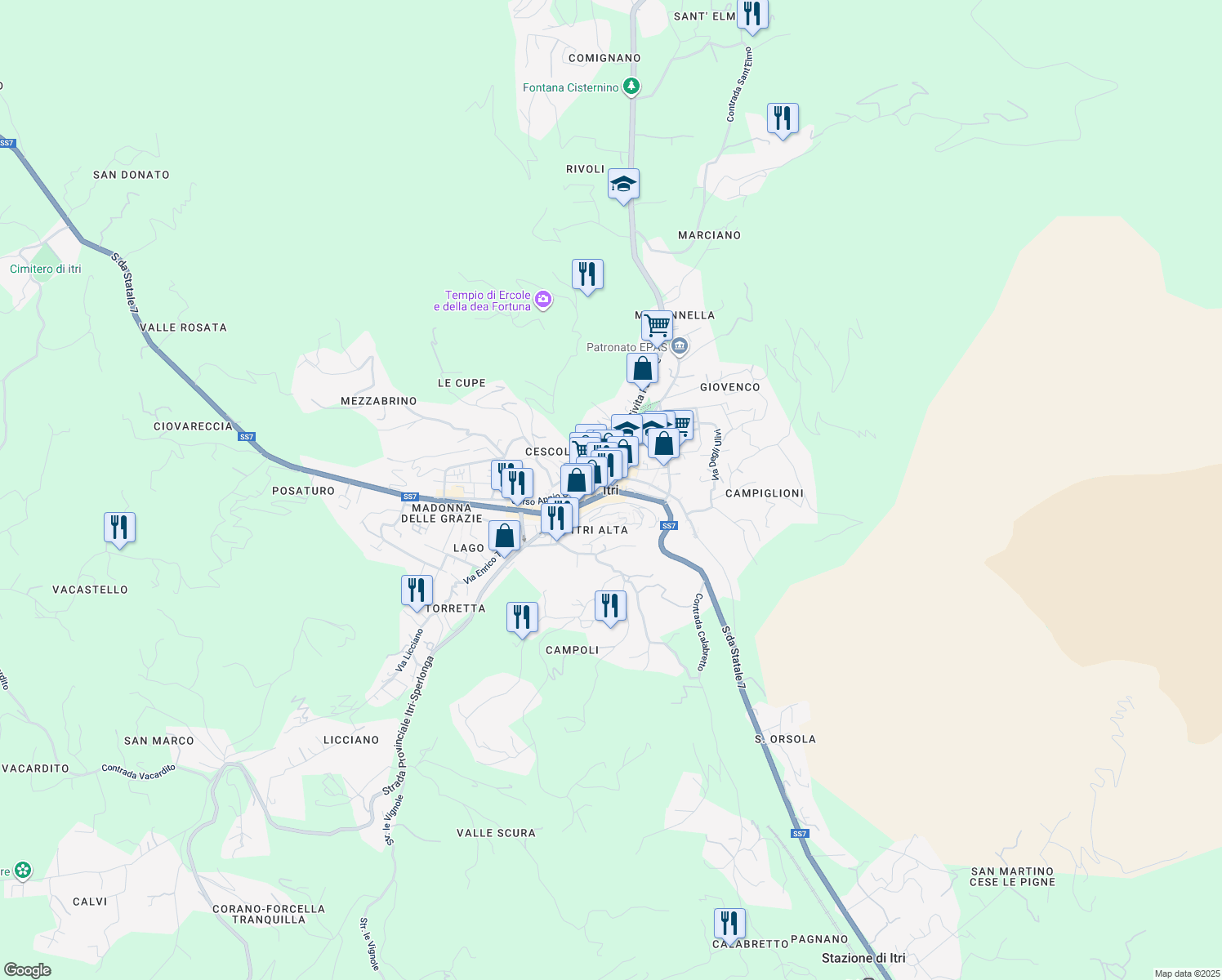 map of restaurants, bars, coffee shops, grocery stores, and more near 11A Strada Statale 7 Via Appia in Itri