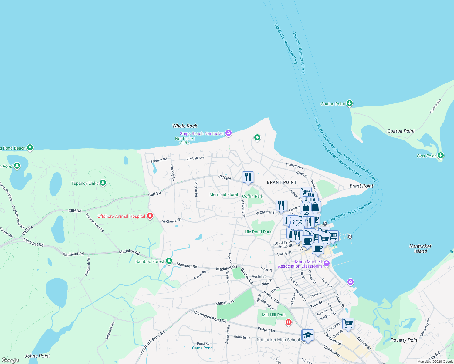 map of restaurants, bars, coffee shops, grocery stores, and more near 16 Delaney Road in Nantucket