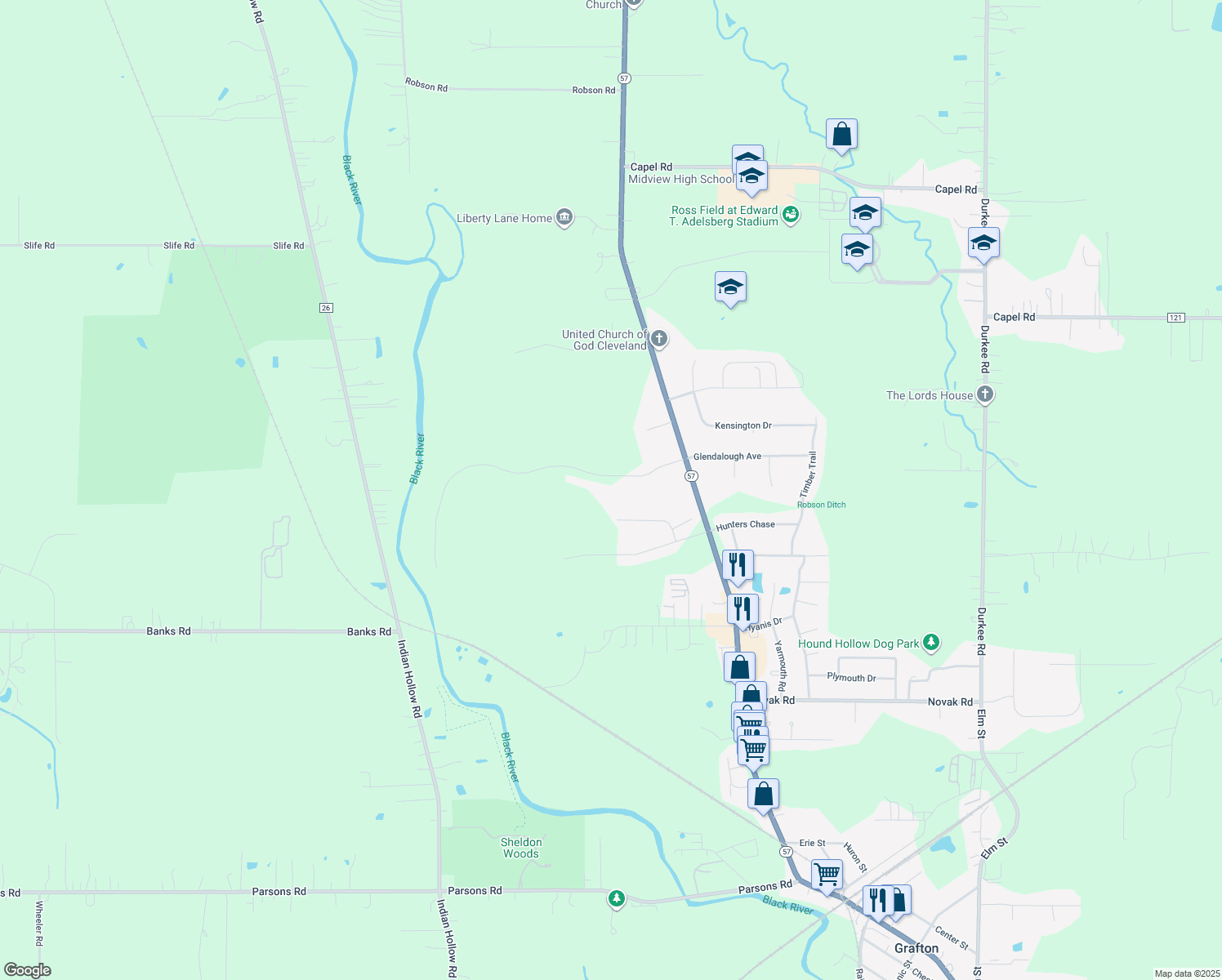 map of restaurants, bars, coffee shops, grocery stores, and more near 38505 Arbor Court in Grafton