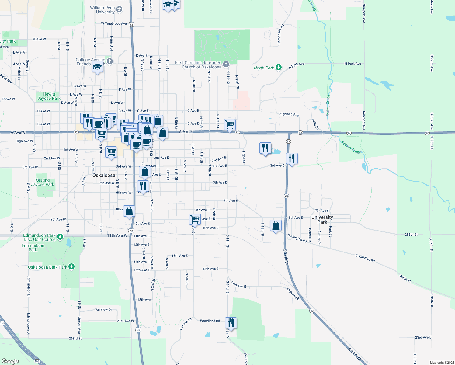 map of restaurants, bars, coffee shops, grocery stores, and more near 1098 5th Ave E in Oskaloosa