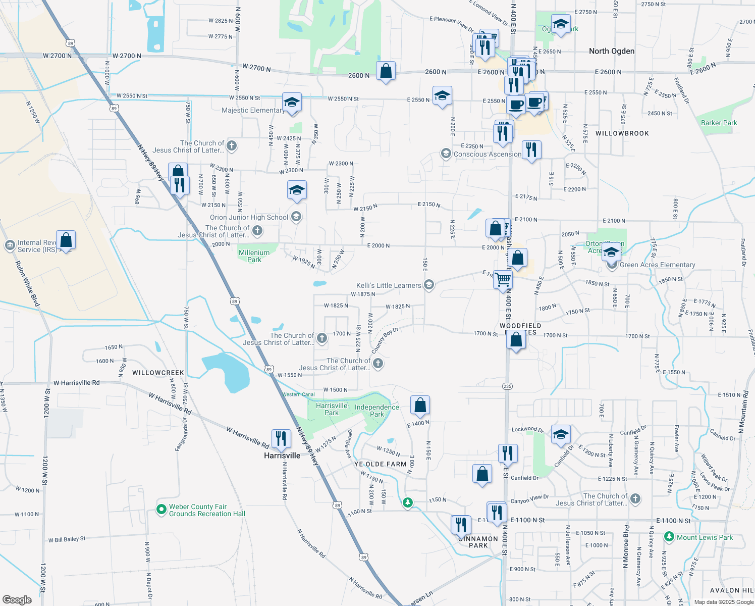 map of restaurants, bars, coffee shops, grocery stores, and more near 180 West 1825 North in North Ogden