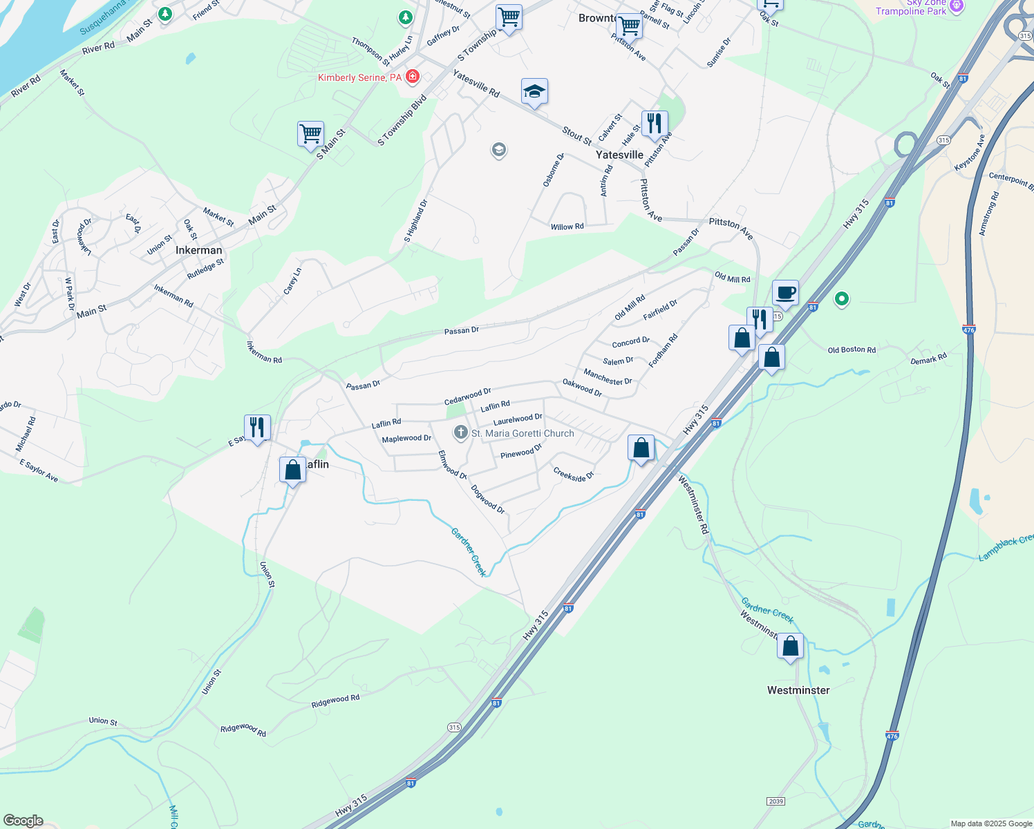 map of restaurants, bars, coffee shops, grocery stores, and more near 70 Laflin Road in Wilkes-Barre