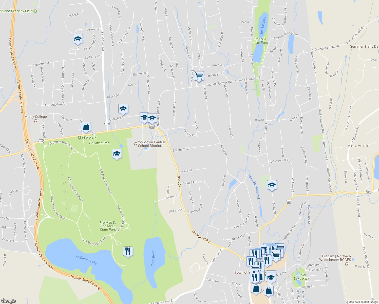 map of restaurants, bars, coffee shops, grocery stores, and more near 517 Elizabeth Road in Yorktown Heights