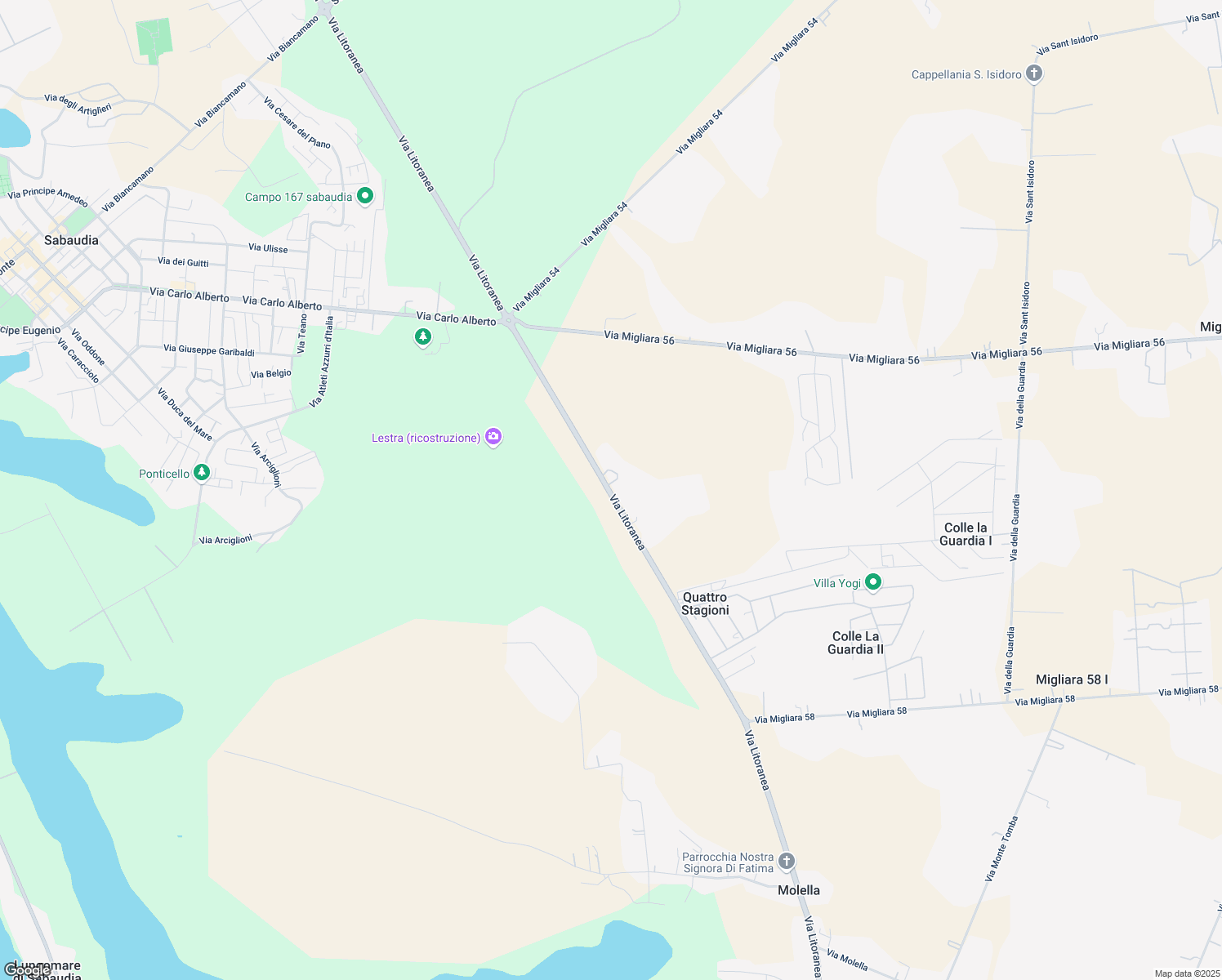 map of restaurants, bars, coffee shops, grocery stores, and more near 105 Via Litoranea in Provincia di Latina