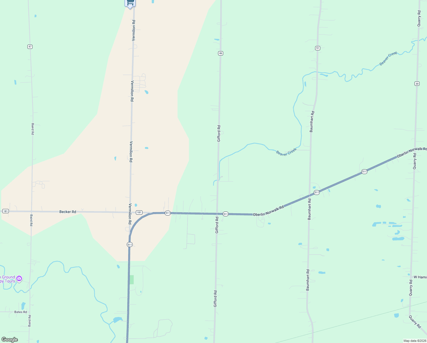map of restaurants, bars, coffee shops, grocery stores, and more near 13460 Gifford Road in Oberlin