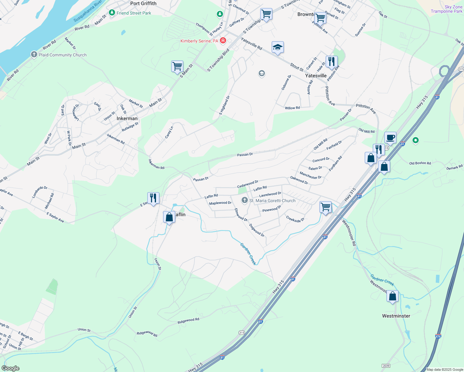 map of restaurants, bars, coffee shops, grocery stores, and more near 120 Cedarwood Drive in Wilkes-Barre