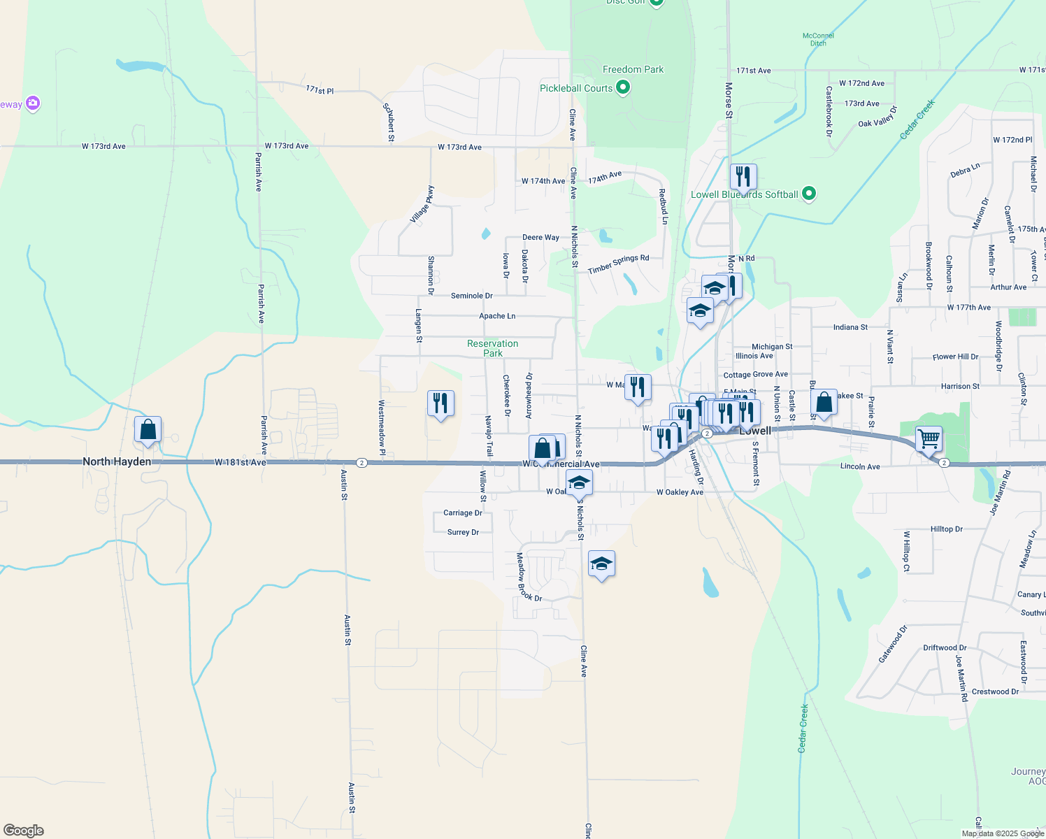 map of restaurants, bars, coffee shops, grocery stores, and more near 227 Arrowhead Dr in Lowell