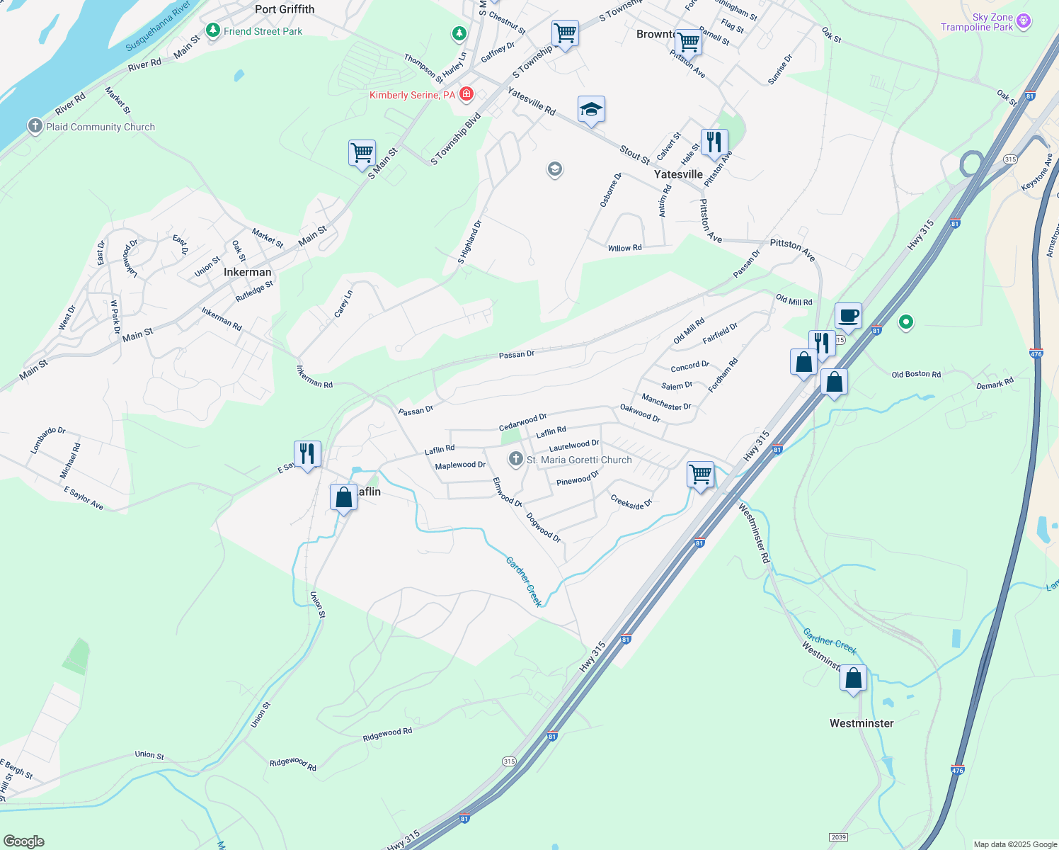 map of restaurants, bars, coffee shops, grocery stores, and more near 107 Cedarwood Drive in Wilkes-Barre