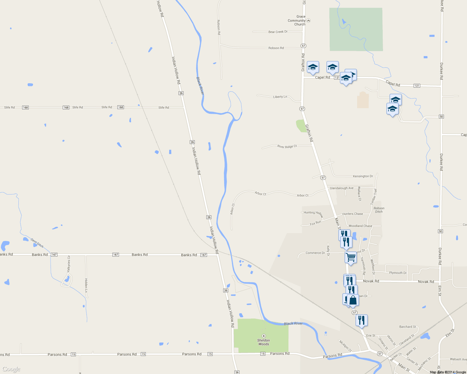 map of restaurants, bars, coffee shops, grocery stores, and more near 38900 Arbor Court in Grafton