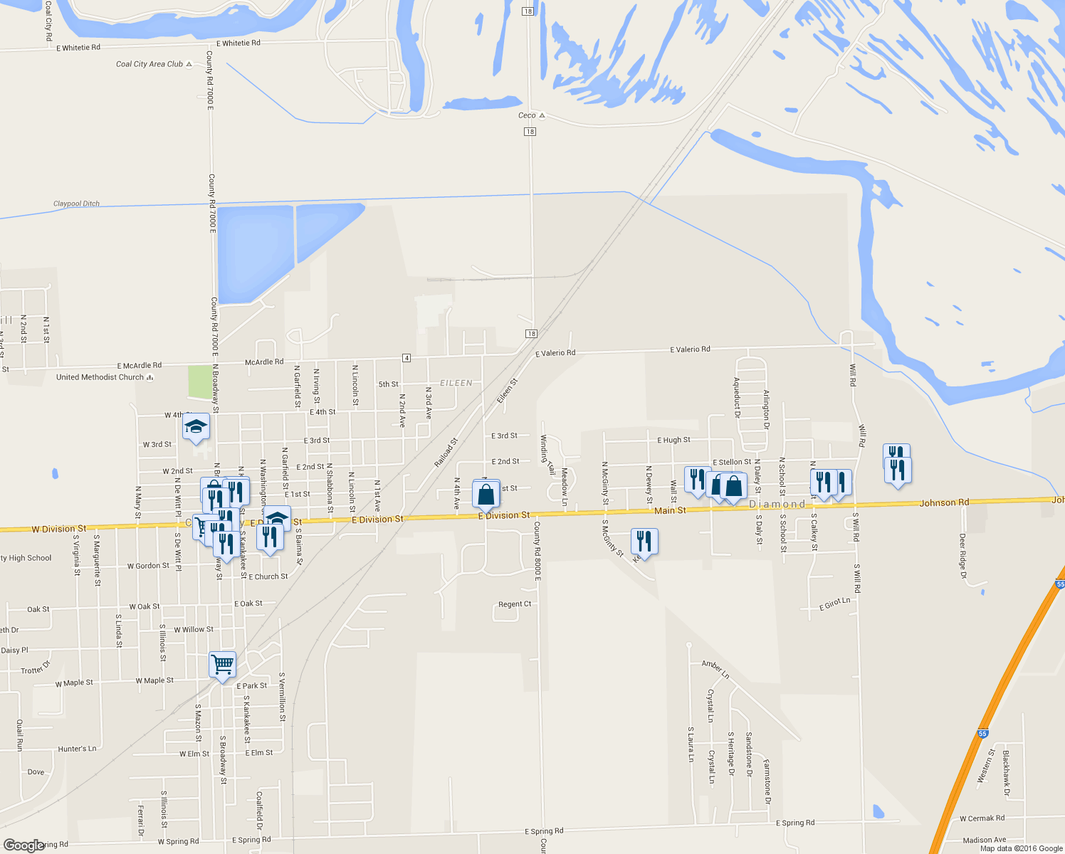 map of restaurants, bars, coffee shops, grocery stores, and more near 1160 East 3rd Street in Coal City