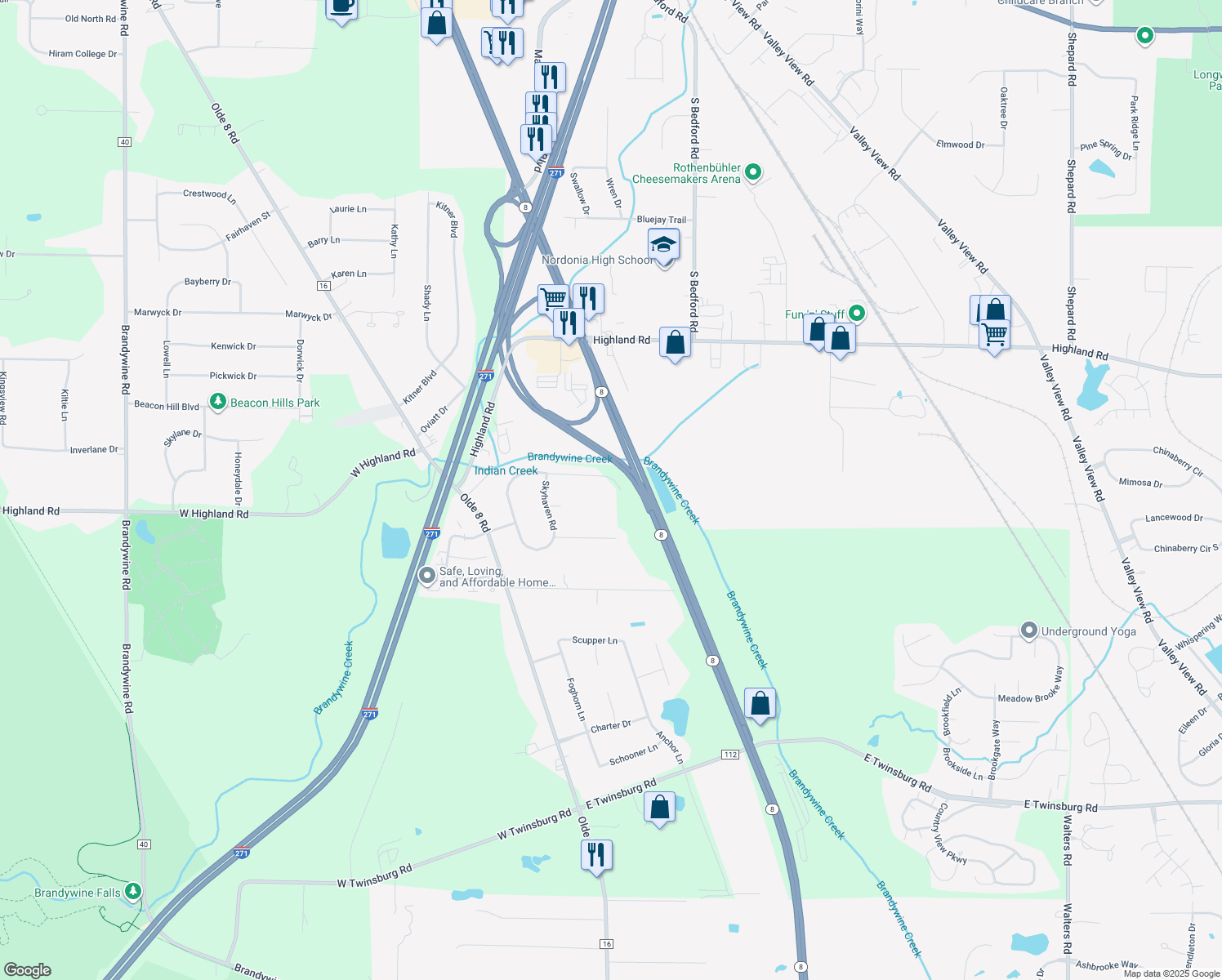 map of restaurants, bars, coffee shops, grocery stores, and more near 285 North Oakmont Road in Northfield