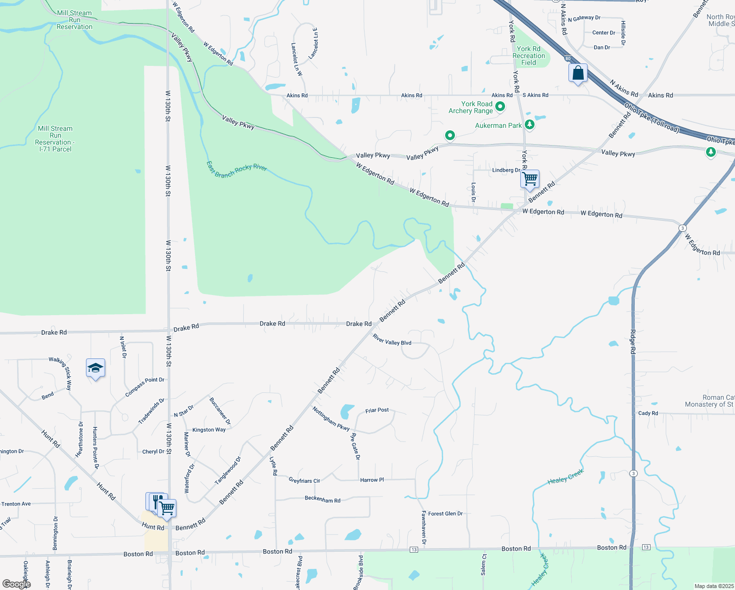 map of restaurants, bars, coffee shops, grocery stores, and more near 17485 Parkside Dr in North Royalton