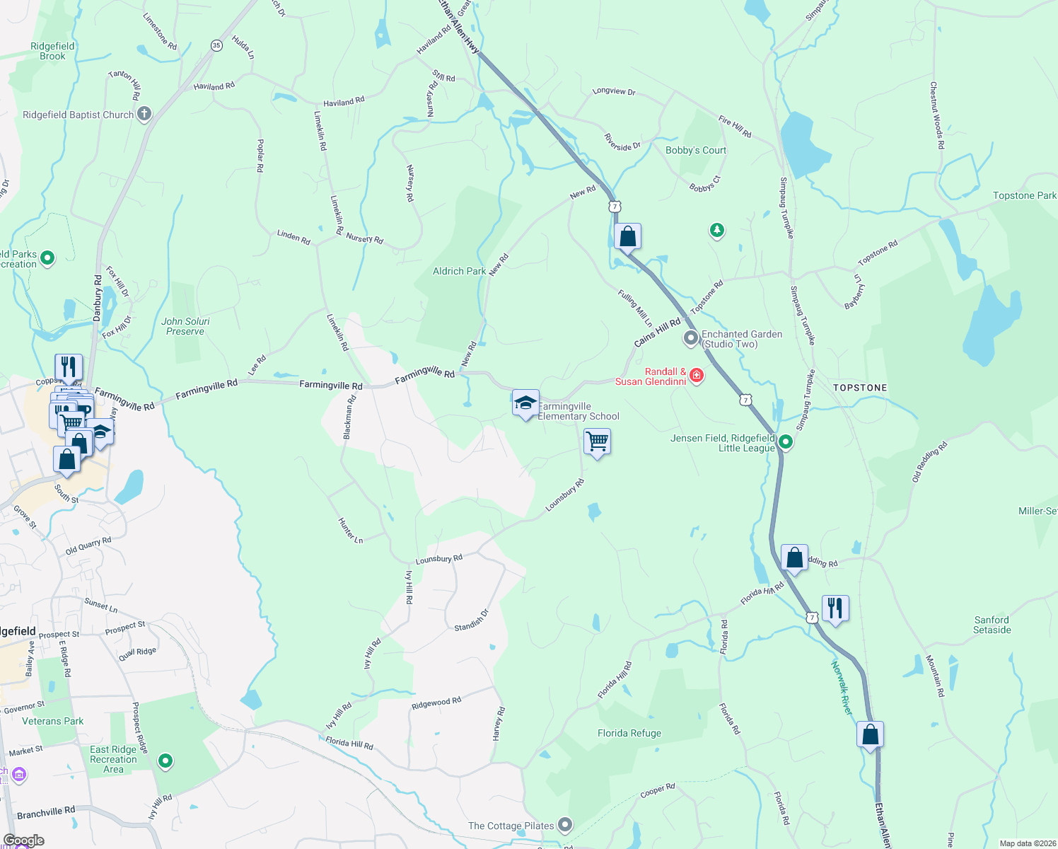 map of restaurants, bars, coffee shops, grocery stores, and more near 324 Farmingville Road in Ridgefield