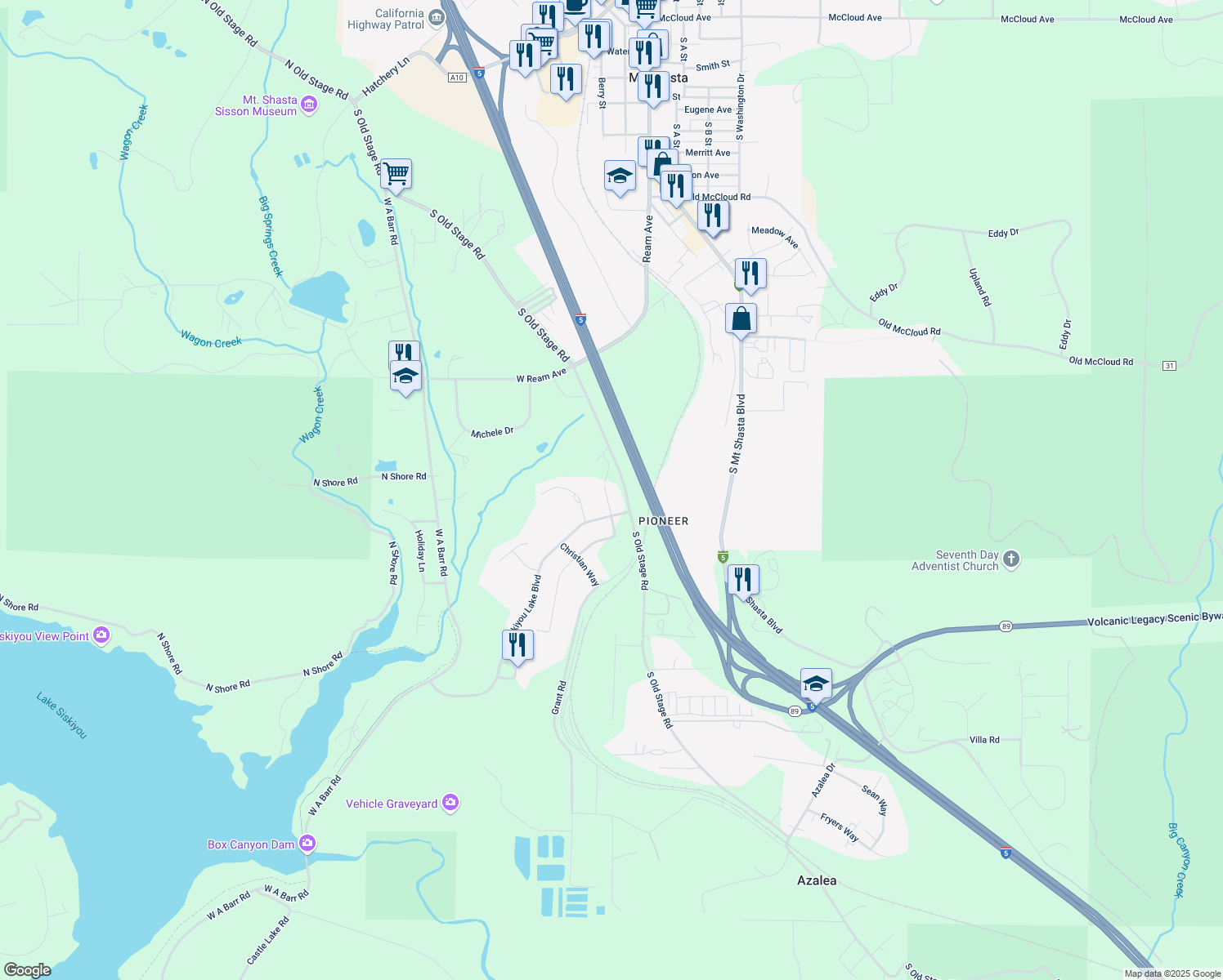 map of restaurants, bars, coffee shops, grocery stores, and more near 514 Clea Lane in Mount Shasta