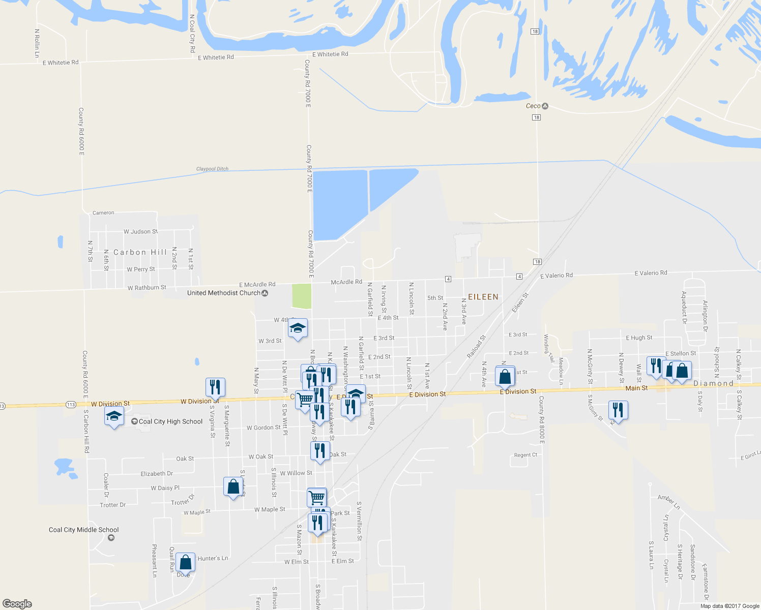 map of restaurants, bars, coffee shops, grocery stores, and more near 440 North Irving Street in Coal City
