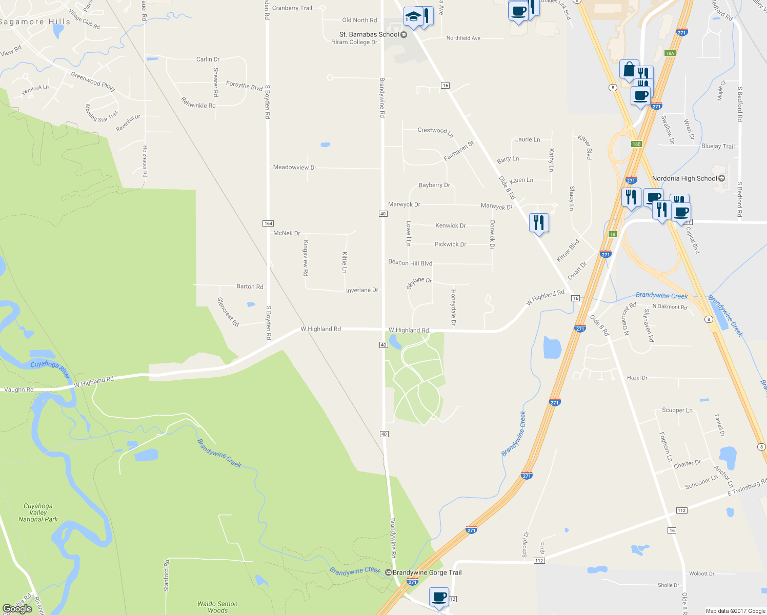 map of restaurants, bars, coffee shops, grocery stores, and more near 8820 Brandywine Road in Northfield