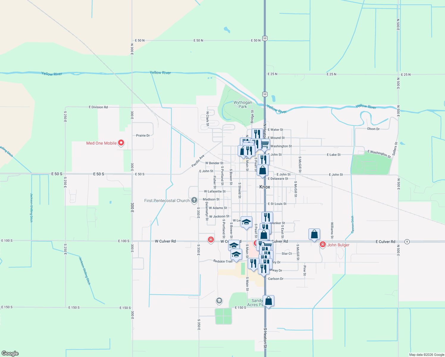 map of restaurants, bars, coffee shops, grocery stores, and more near 299 W Delaware St in Knox