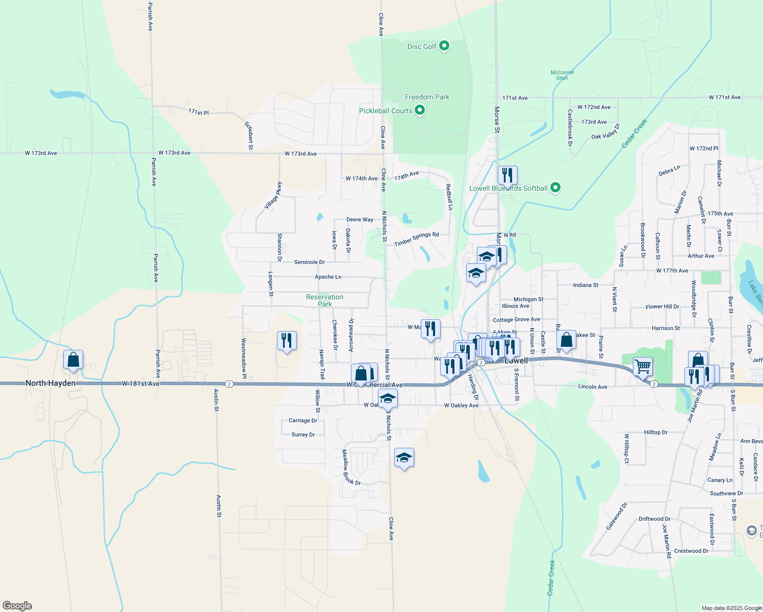 map of restaurants, bars, coffee shops, grocery stores, and more near 353 North Nichols Street in Lowell