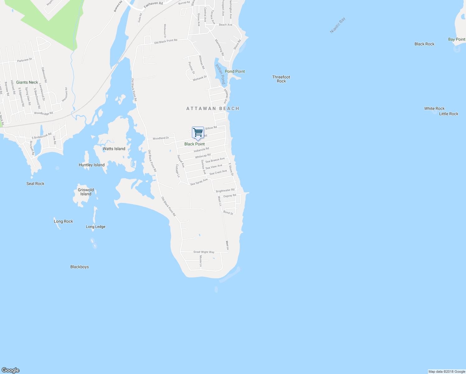 map of restaurants, bars, coffee shops, grocery stores, and more near 7 Brightwater Road in East Lyme
