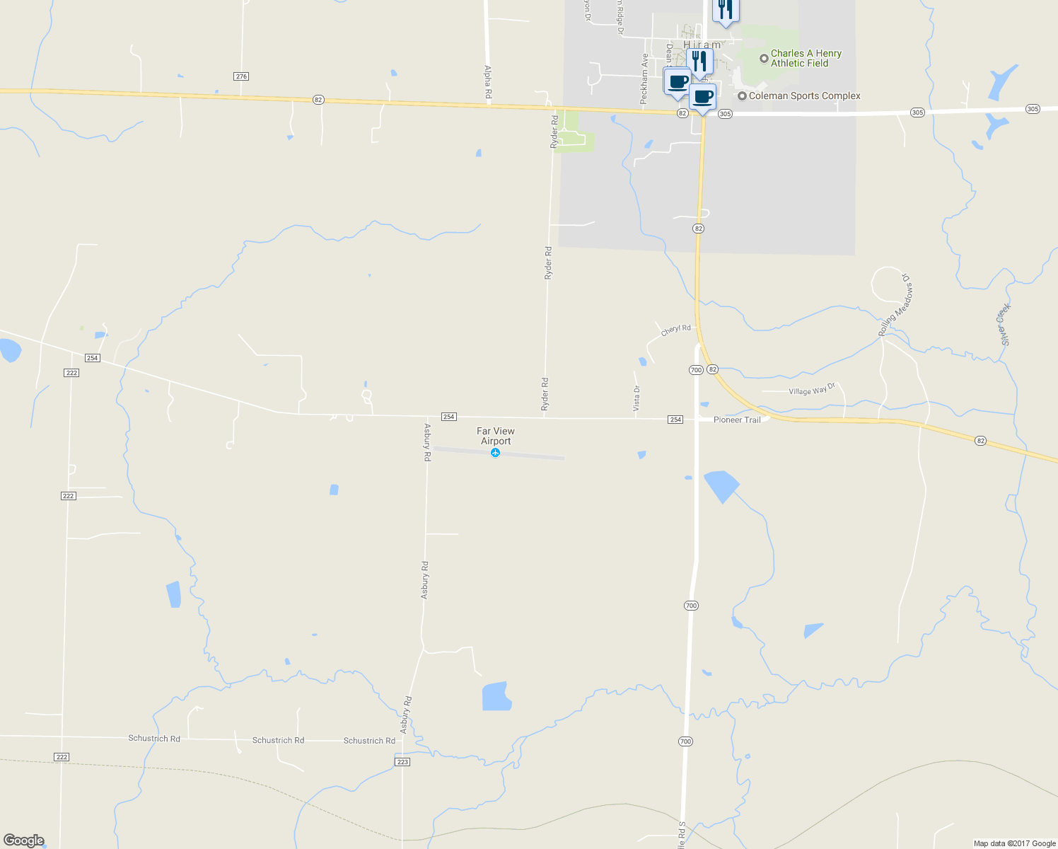 map of restaurants, bars, coffee shops, grocery stores, and more near 6586 Pioneer Trail in Hiram