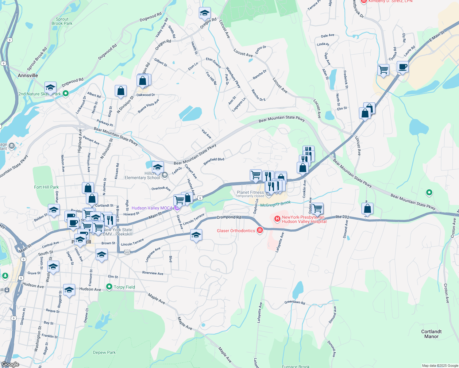 map of restaurants, bars, coffee shops, grocery stores, and more near 1898 Main Street in Peekskill