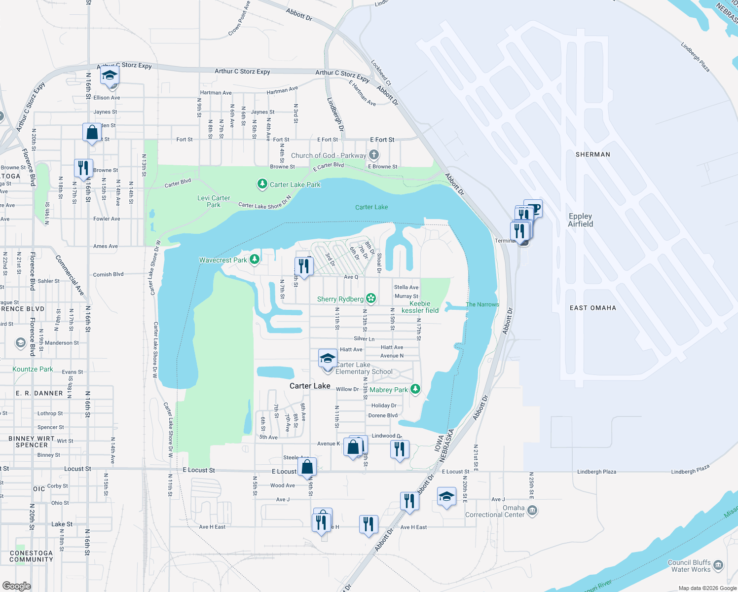 map of restaurants, bars, coffee shops, grocery stores, and more near 4311 North 13th Street in Carter Lake