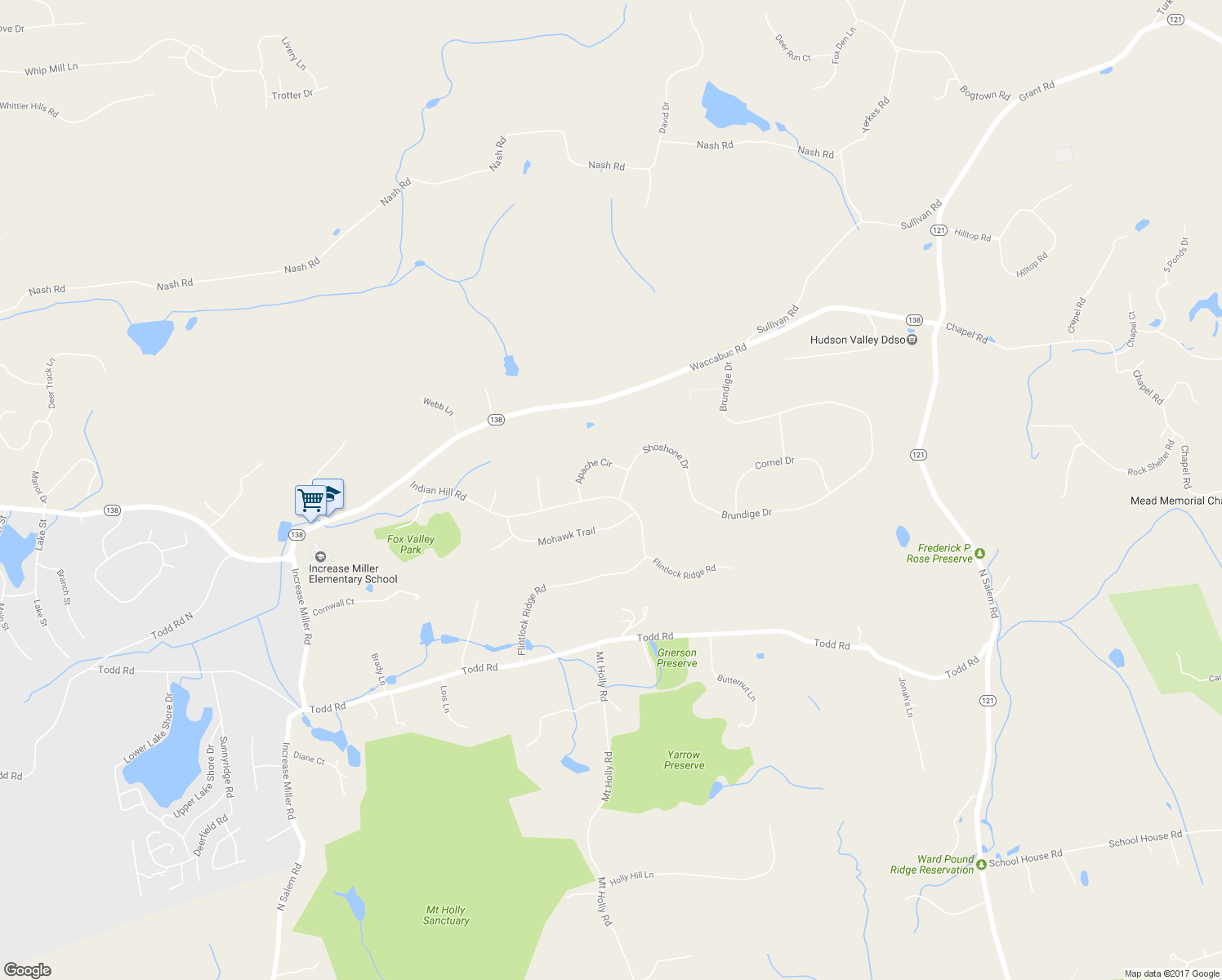 map of restaurants, bars, coffee shops, grocery stores, and more near 2 Shoshone Drive in Katonah