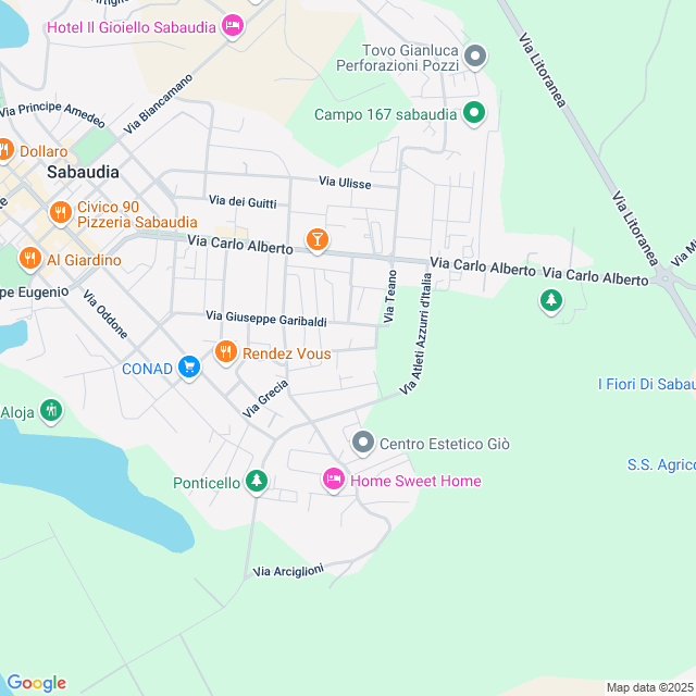 map of restaurants, bars, coffee shops, grocery stores, and more near 6 Via Belgio in Sabaudia