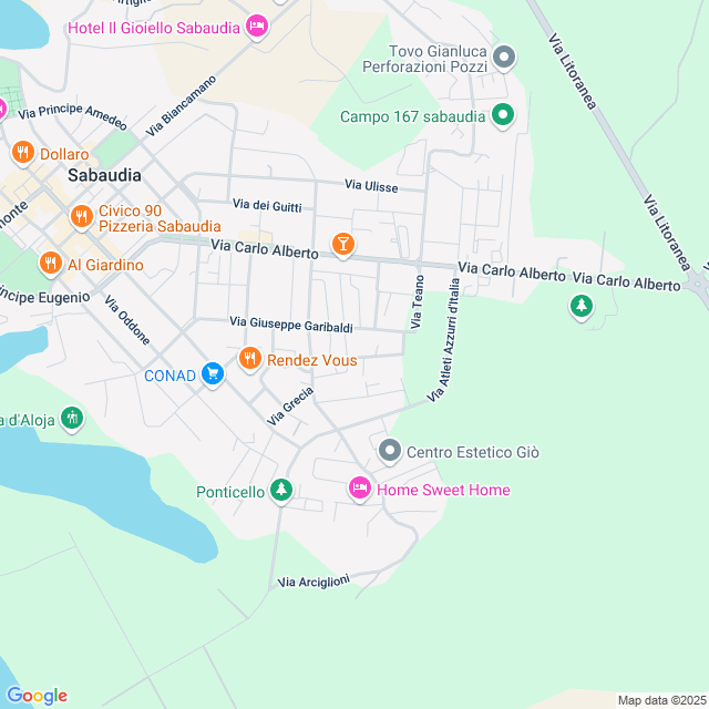 map of restaurants, bars, coffee shops, grocery stores, and more near 6 Via Belgio in Sabaudia