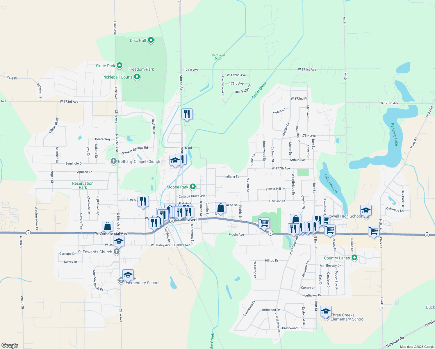 map of restaurants, bars, coffee shops, grocery stores, and more near 505 Indiana Street in Lowell