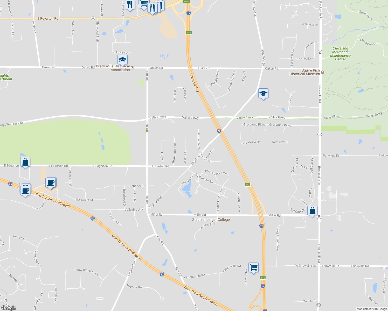 map of restaurants, bars, coffee shops, grocery stores, and more near 9700 Highland Drive in Brecksville