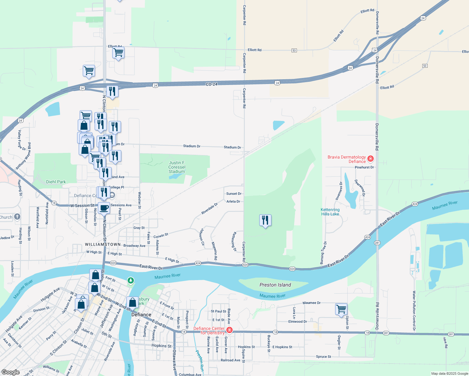 map of restaurants, bars, coffee shops, grocery stores, and more near 339 Northwood Drive in Defiance