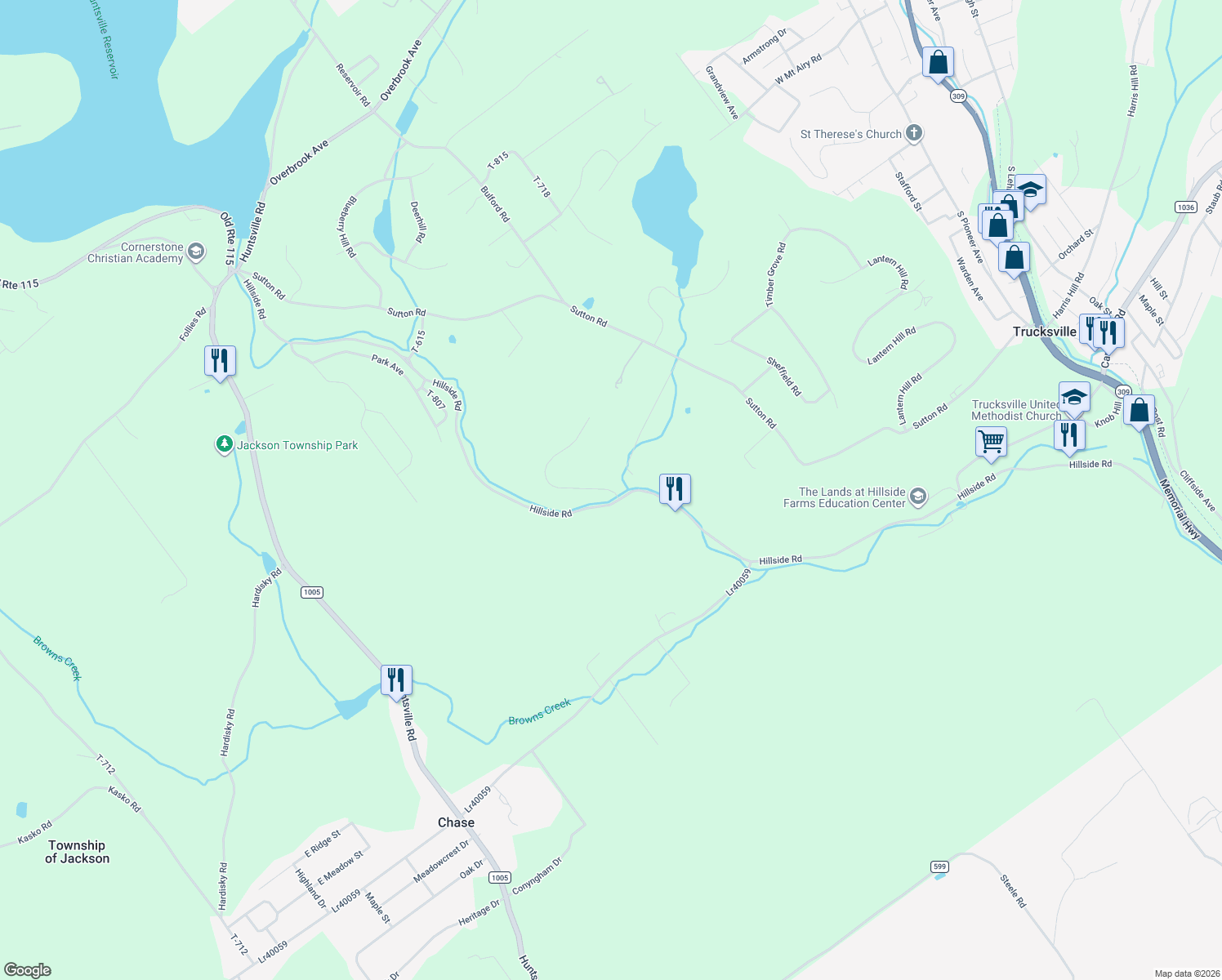 map of restaurants, bars, coffee shops, grocery stores, and more near Cobblestone Lane in Shavertown