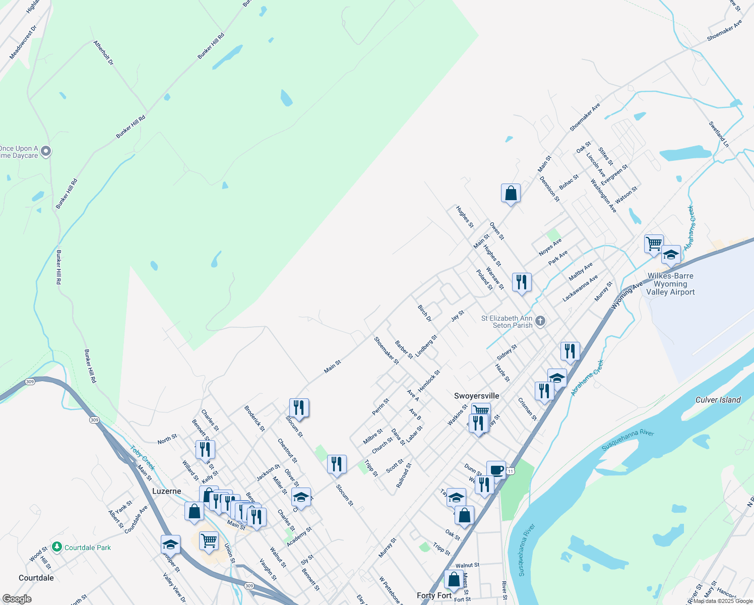 map of restaurants, bars, coffee shops, grocery stores, and more near 18 Grandville Dr in Swoyersville