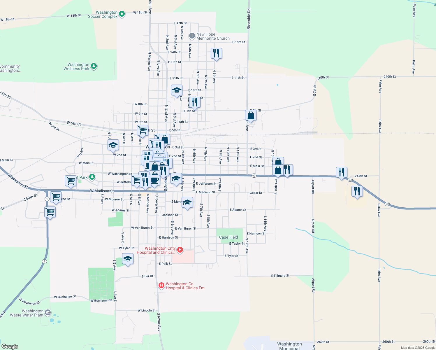 map of restaurants, bars, coffee shops, grocery stores, and more near East Washington Street in Washington