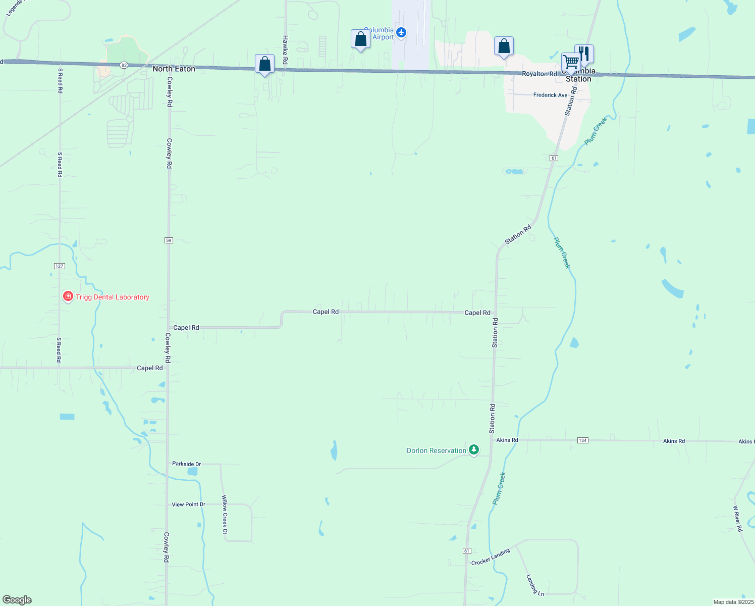 map of restaurants, bars, coffee shops, grocery stores, and more near 27538 Capel Road in Columbia Station