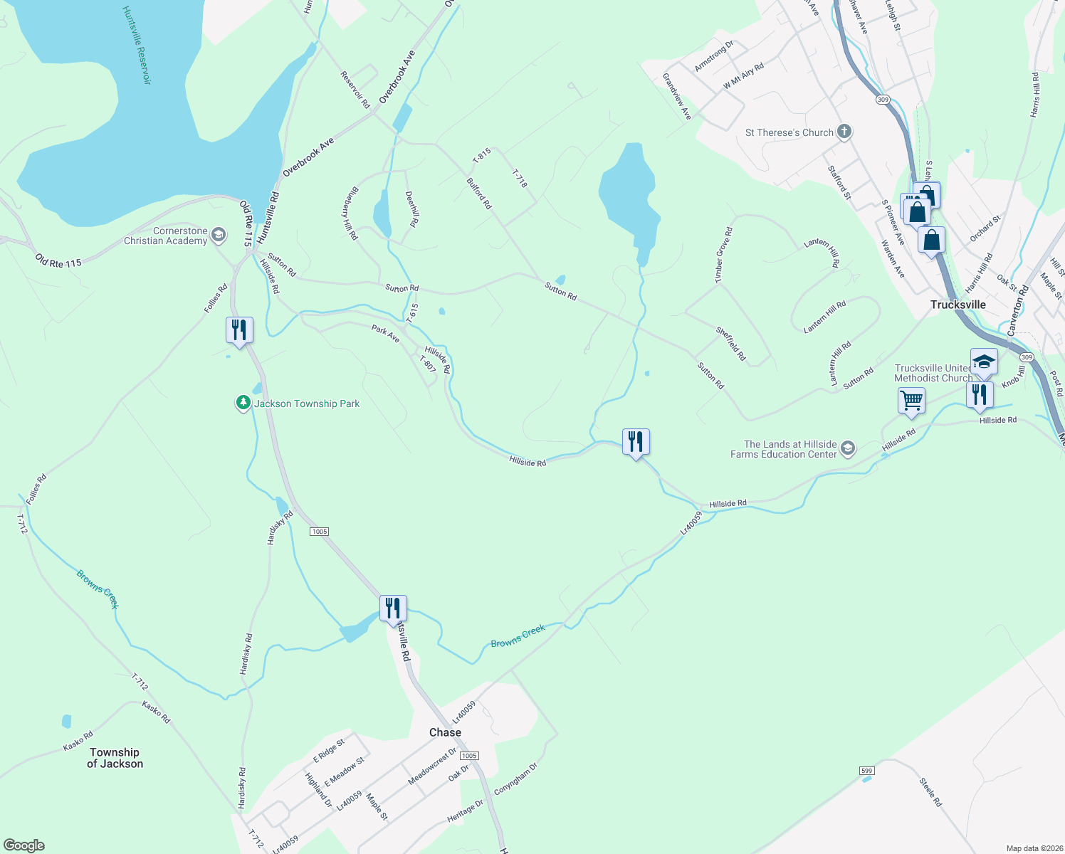 map of restaurants, bars, coffee shops, grocery stores, and more near Cobblestone Lane in Luzerne