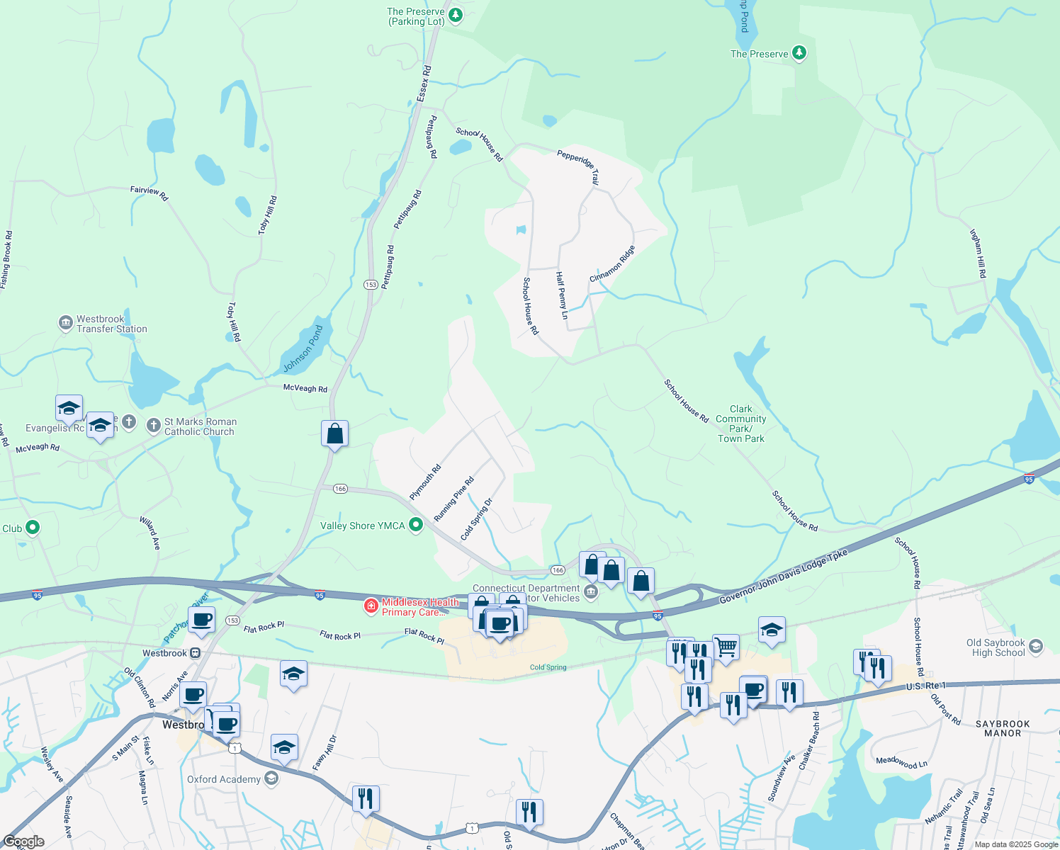 map of restaurants, bars, coffee shops, grocery stores, and more near 46 Acorn Drive in Westbrook