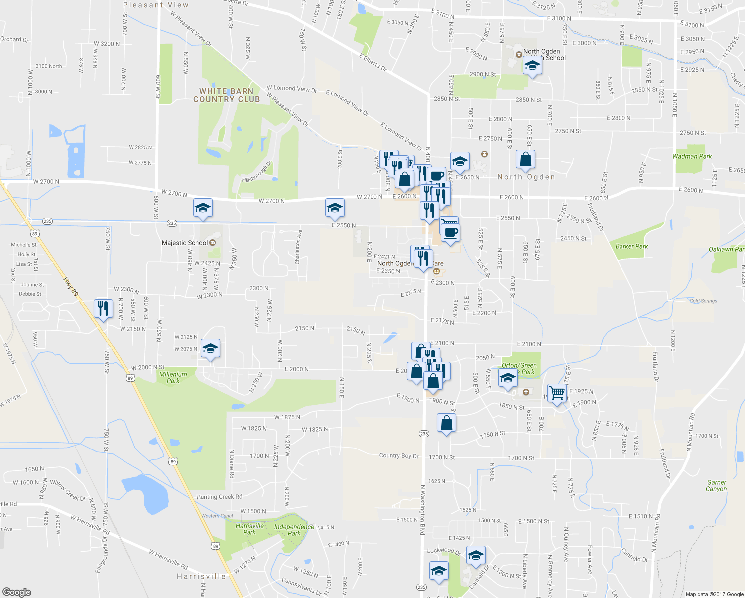 map of restaurants, bars, coffee shops, grocery stores, and more near 2243 North 225 East in Ogden