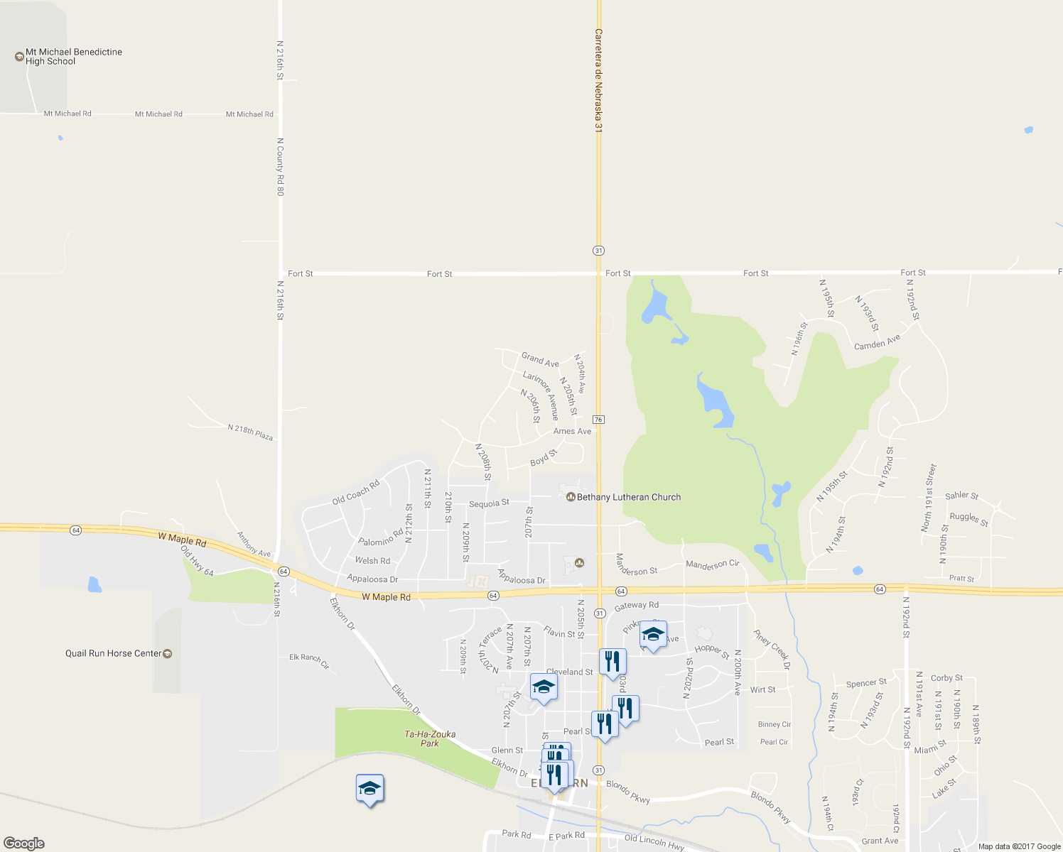 map of restaurants, bars, coffee shops, grocery stores, and more near 4508 North 206th Street in Omaha