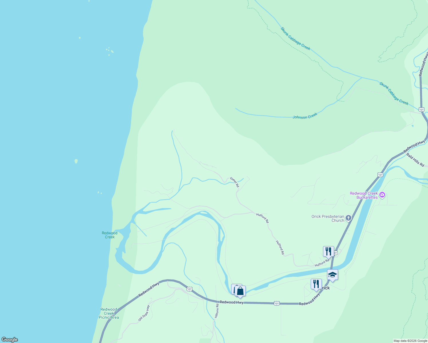 map of restaurants, bars, coffee shops, grocery stores, and more near 1037 Gunst Road in Orick