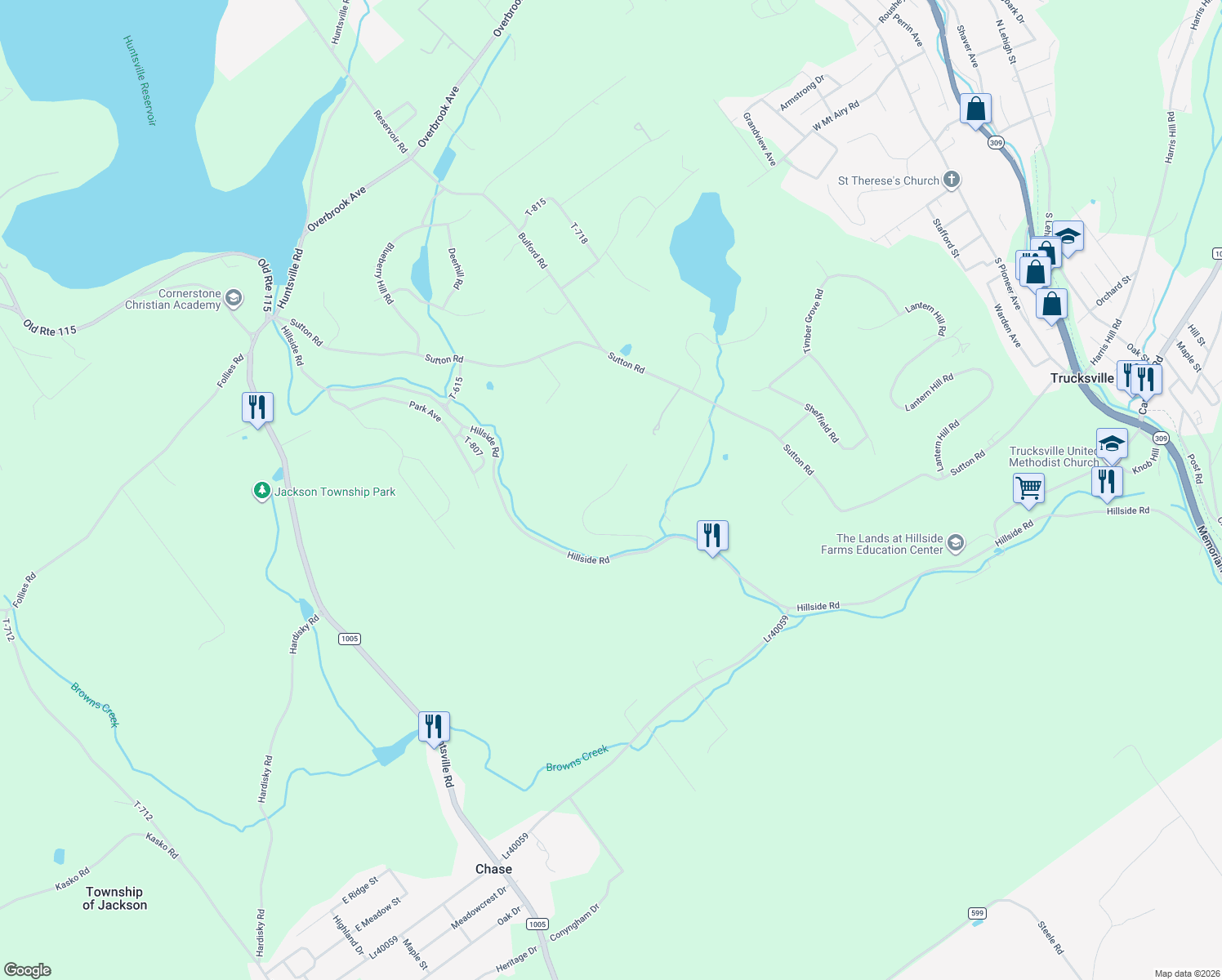 map of restaurants, bars, coffee shops, grocery stores, and more near Cobblestone Lane in Shavertown