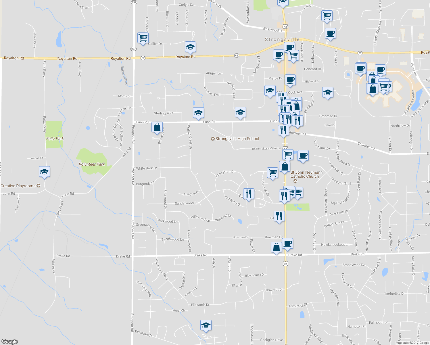map of restaurants, bars, coffee shops, grocery stores, and more near 19860 Benwood Court in Strongsville