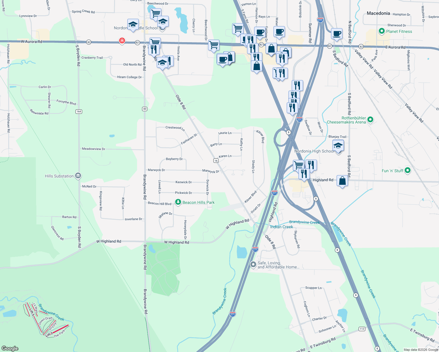 map of restaurants, bars, coffee shops, grocery stores, and more near 8720 Akron Cleveland Road in Northfield