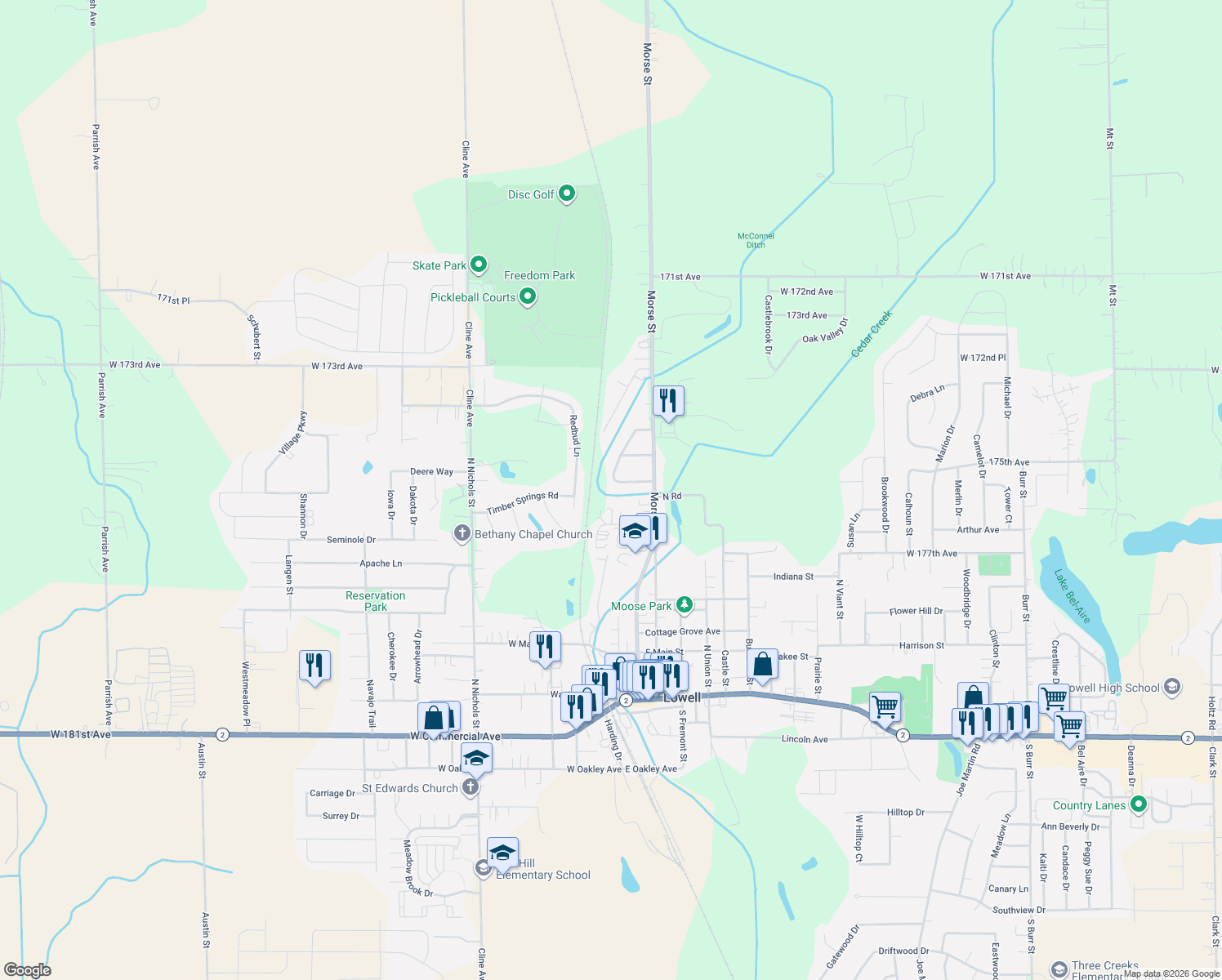 map of restaurants, bars, coffee shops, grocery stores, and more near 7355 South Willowbrook Drive in Lowell