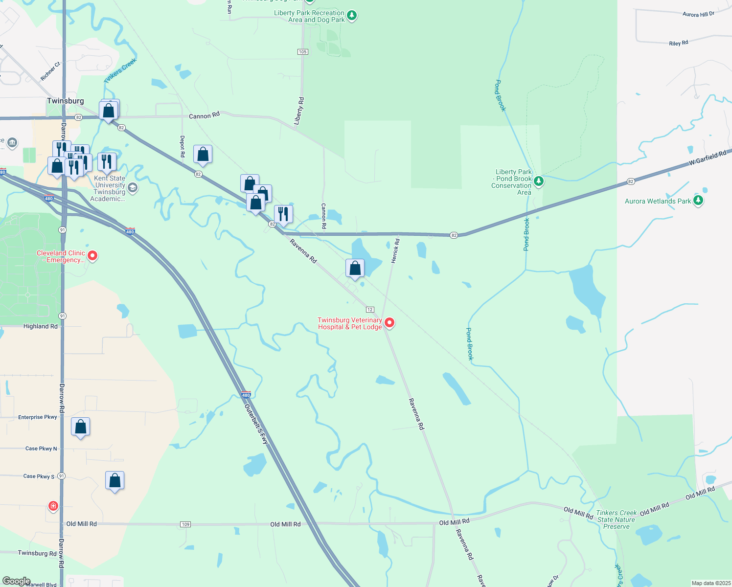 map of restaurants, bars, coffee shops, grocery stores, and more near 8901 Ravenna Road in Twinsburg